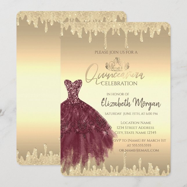 Burgundy Dress,Glitter Drips Gold Quinceañera  Invitation (Front/Back)