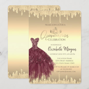 Burgundy Dress,Glitter Drips Gold Quinceañera  Invitation