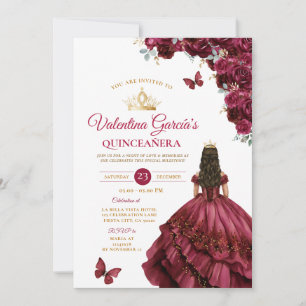Burgundy Dress Quinceañera 15 Anos Flowers Gold Invitation