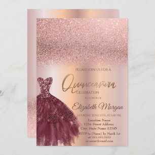  Burgundy Dress Rose Gold Ombre Quinceañera  Invitation