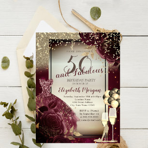 Burgundy Dress,Roses,Balloons,Gold 50th Birthday   Invitation