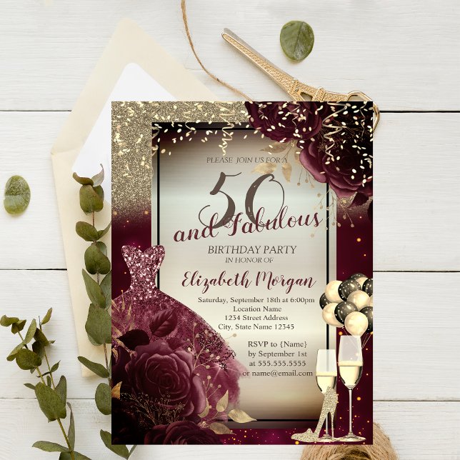 Burgundy Dress,Roses,Balloons,Gold 50th Birthday   Invitation (Creator Uploaded)