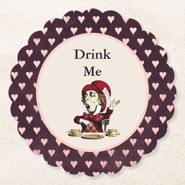 Burgundy Drink Me Mad Hatter Alice in Wonderland  Paper Coaster (Front)