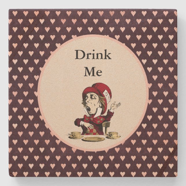 Burgundy Drink Me Mad Hatter Alice in Wonderland Stone Coaster (Front)