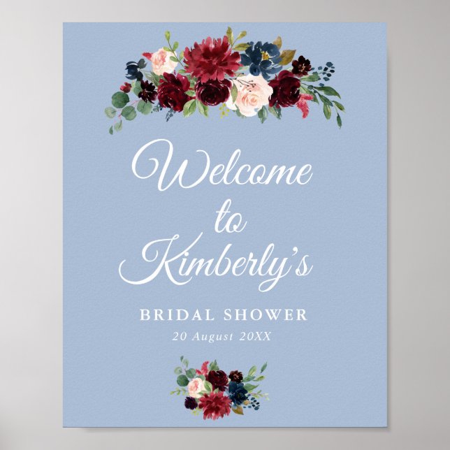 burgundy dusty blue bridal shower welcome sign (Front)