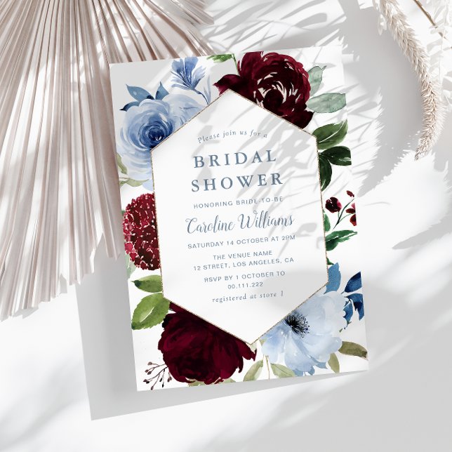 burgundy dusty blue floral bridal shower invitation (Creator Uploaded)