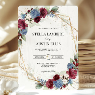 Burgundy Dusty Blue Floral Geometric Wedding Invitation