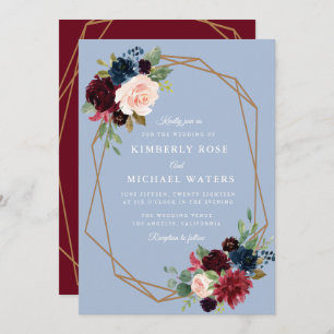 Burgundy & Dusty blue floral geometric wedding Invitation