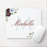 burgundy dusty blue floral monogram  mouse pad<br><div class="desc">watercolor burgundy dusty blue floral monogram with chic script lettering and white stripes.</div>