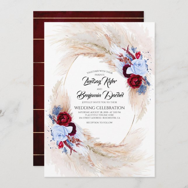 Burgundy & Dusty Blue Floral Pampas Grass Wedding Invitation (Front/Back)