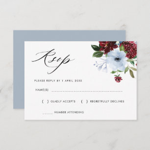 burgundy dusty blue floral RSVP card