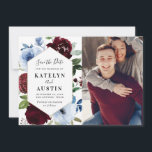burgundy dusty blue floral save the date card<br><div class="desc">dusty blue and burgundy watercolor flowers with script and a photo of the couple. The colour and text details can be personalised.</div>