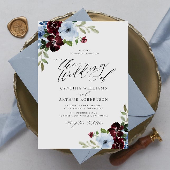 burgundy dusty blue floral script wedding invitation (Creator Uploaded)