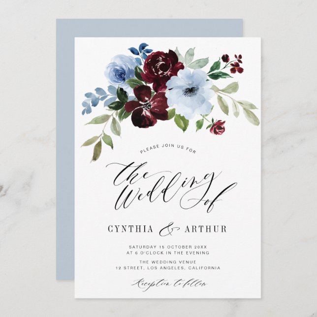 burgundy dusty blue floral wedding invitation (Front/Back)