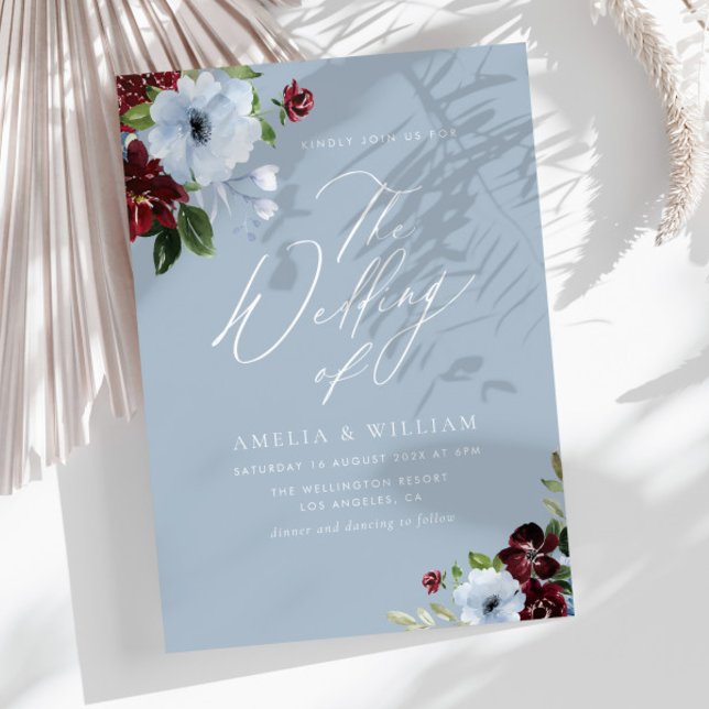 burgundy dusty blue floral wedding invitation (Creator Uploaded)