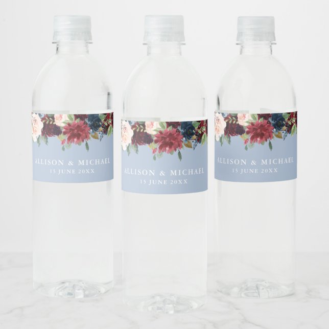 burgundy dusty blue floral wedding water bottle label (Bottles)