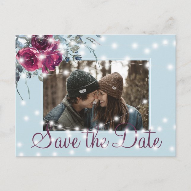 Burgundy dusty blue lights photo save date wedding announcement postcard (Front)