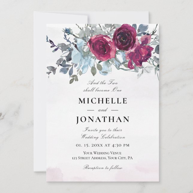 Burgundy Dusty Blue Rose Floral Christian Wedding Invitation (Front)