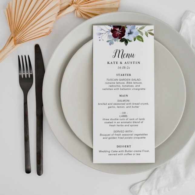 Burgundy dusty blue wedding menu (Creator Uploaded)