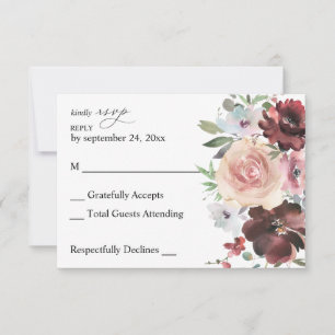 Burgundy & Dusty Blush Pink 5 Floral no Meal RSVP Card