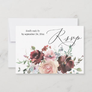 Burgundy & Dusty Blush Pink 5 Floral with Meal RSVP Card