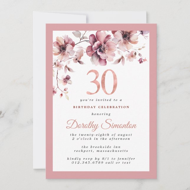 Burgundy Dusty Blush Pink Floral 30th Birthday Invitation (Front)