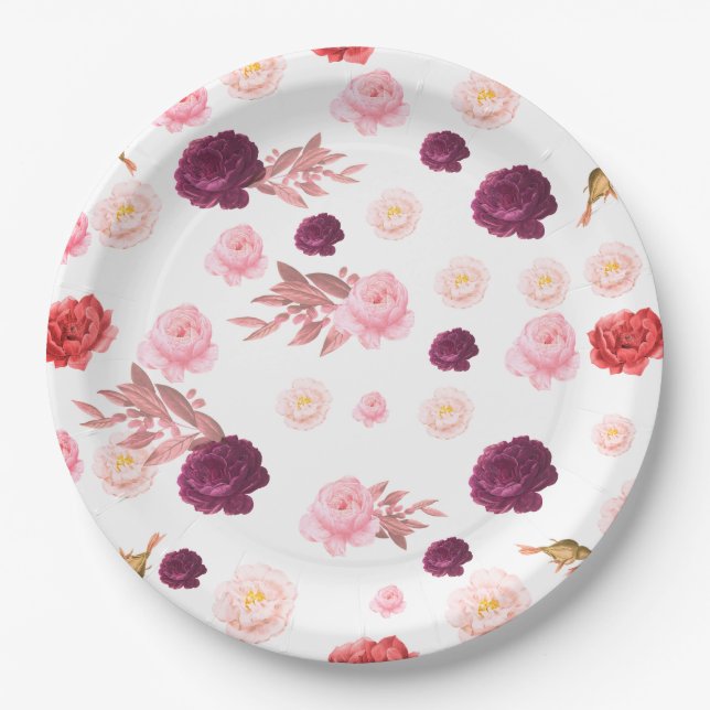 Burgundy Dusty Pink Bloom Baby Shower Delight Paper Plate (Front)