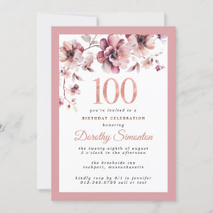 Burgundy Dusty Pink Floral 100th Birthday Invitation