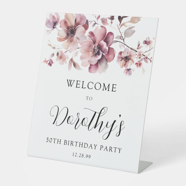 Burgundy Dusty Pink Floral 50th Birthday Welcome  Pedestal Sign (Front)