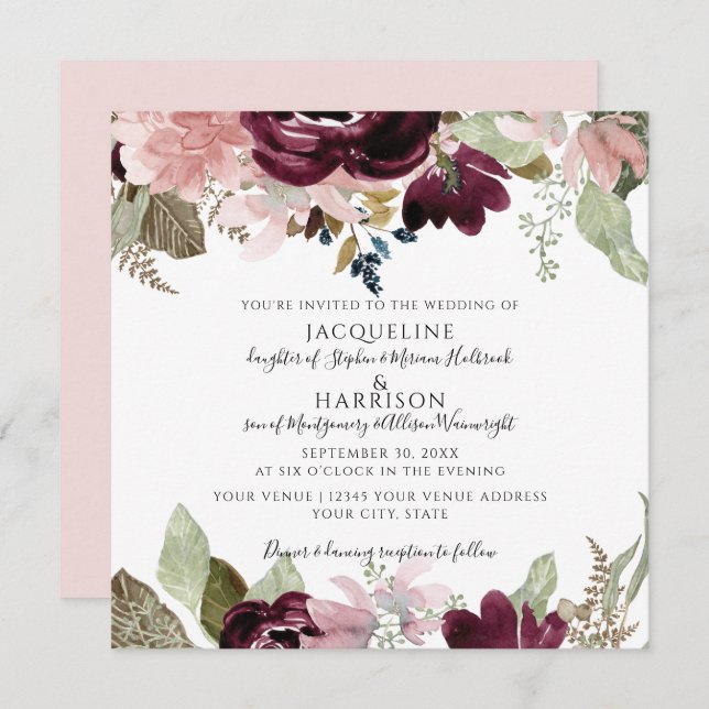 Burgundy Dusty Pink Floral Elegant Foliage Wedding Invitation (Front/Back)