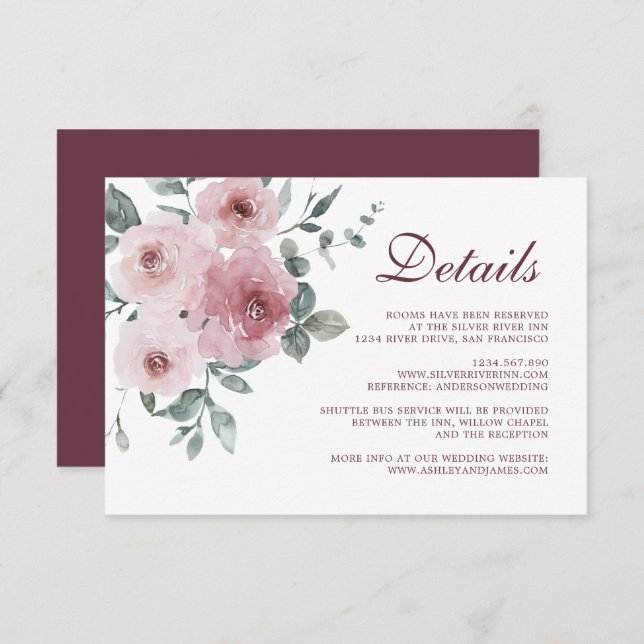 Burgundy Dusty Pink Floral Wedding Details Enclosu Enclosure Card (Front/Back)