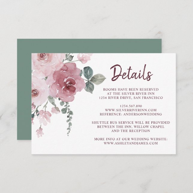 Burgundy Dusty Pink Floral Wedding Details  Enclosure Card (Front/Back)