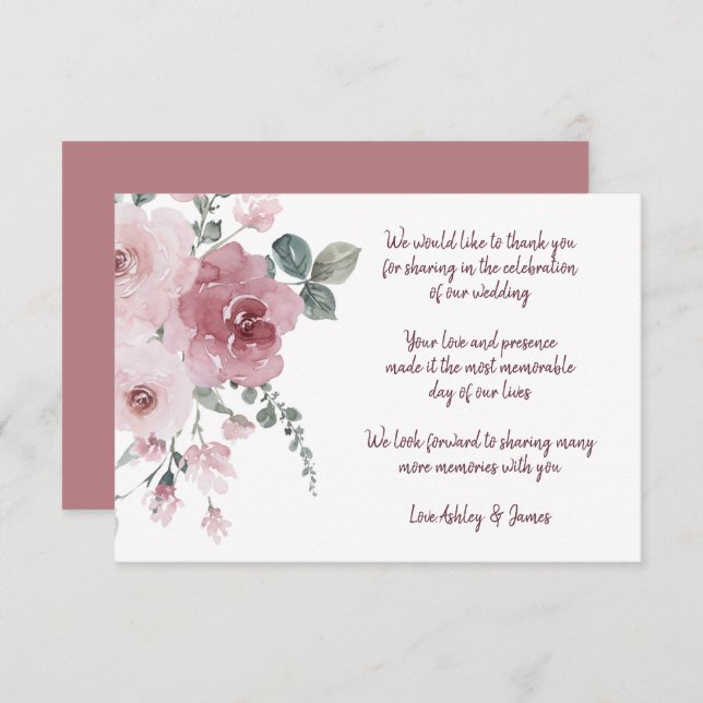 Burgundy Dusty Pink Floral Wedding Thank You Enclosure Card (Front/Back)