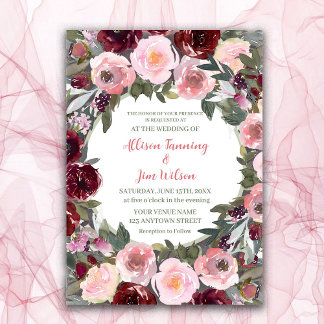 Burgundy Dusty Pink Rose Watercolor Wedding Invitation