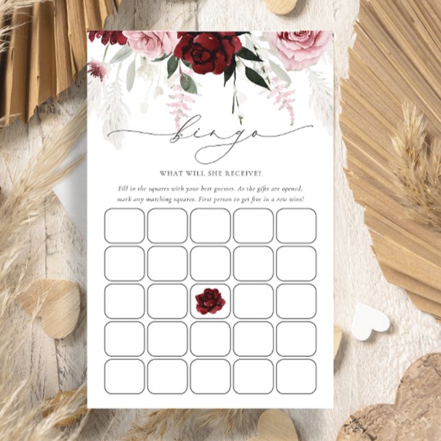 Burgundy Dusty Rose Bridal Shower Bingo Game Card (Creator Uploaded)