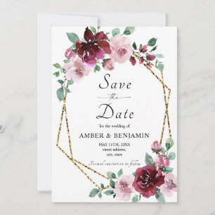 Burgundy Dusty Rose Floral Gold Save The Date Invitation