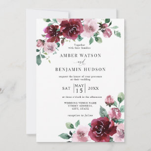 Burgundy & Dusty Rose Pink Floral Maroon Wedding Invitation