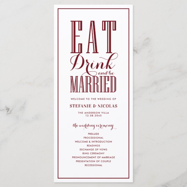 Burgundy Eat Drink and be Married Wedding Program (Front)