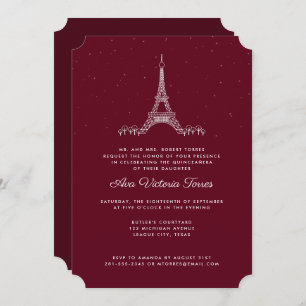 Burgundy Eiffel Tower Under the Stars Quinceañera Invitation