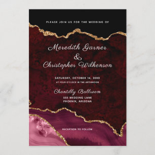 Burgundy Elegance Gold Glitter Agate Wedding Invitation