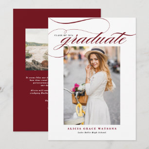 Burgundy Elegant Calligraphy Photo Graduation Announcement