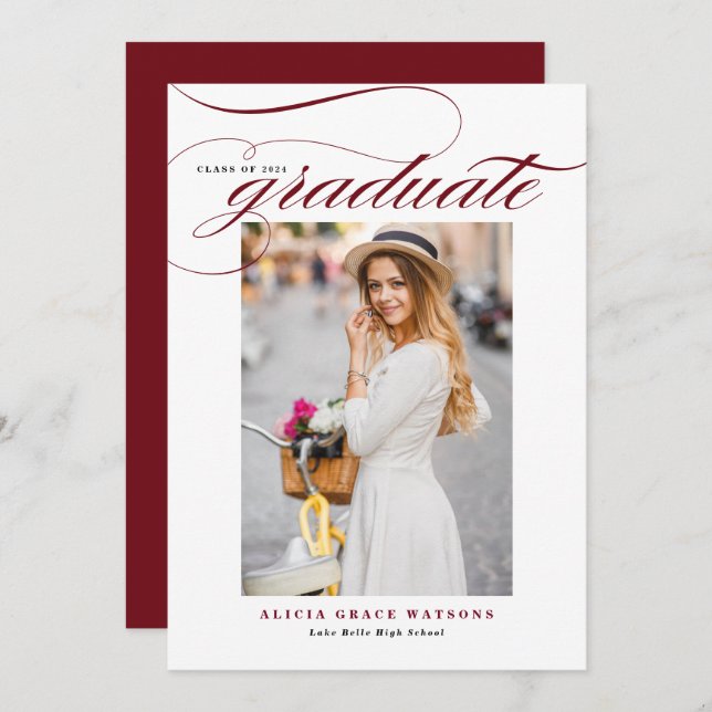 Burgundy Elegant Calligraphy Photo Graduation Announcement (Front/Back)