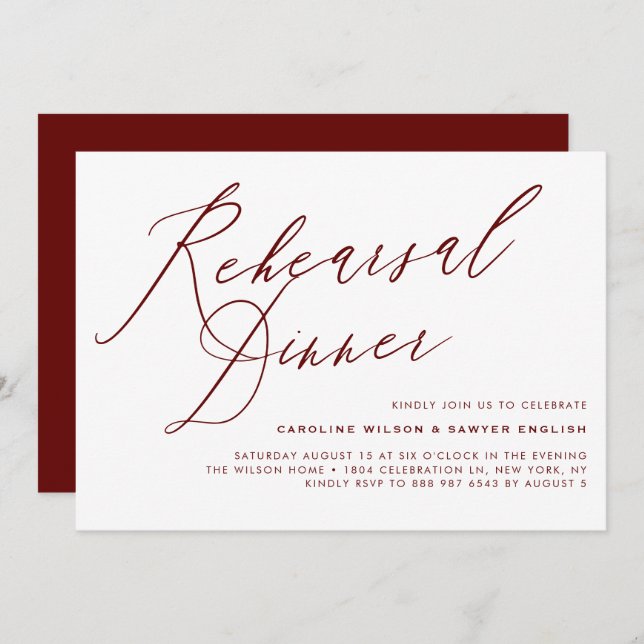 Burgundy Elegant Calligraphy Rehearsal Dinner Invitation (Front/Back)