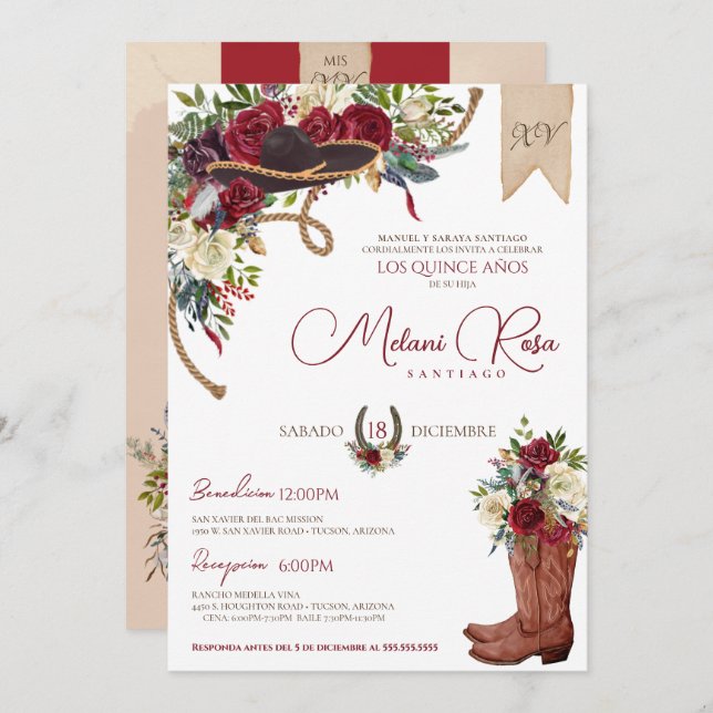 Burgundy Elegant Charro Spanish Quinceanera Invitation (Front/Back)