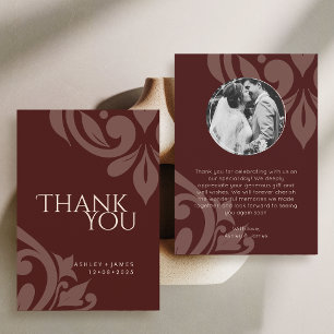 Burgundy Elegant Chic Damask Photo Wedding Thank You Card