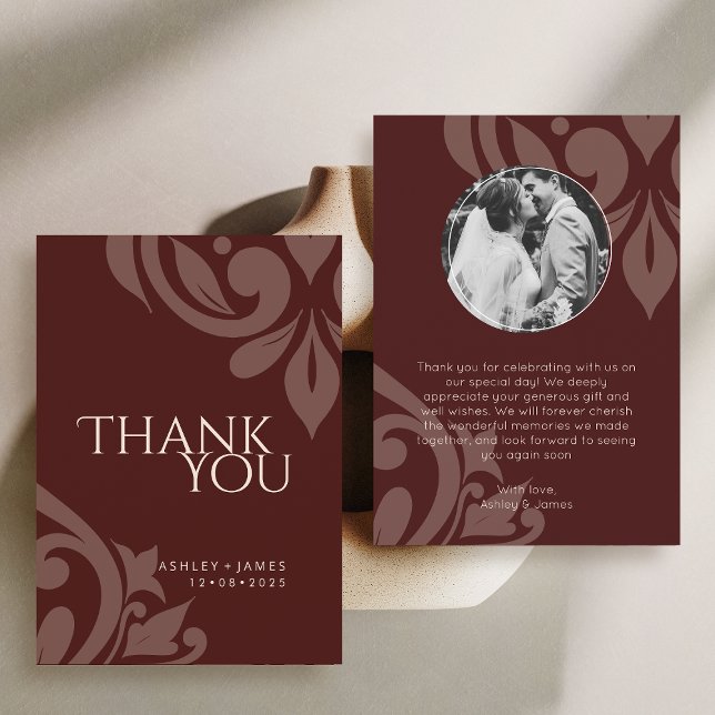 Burgundy Elegant Chic Damask Photo Wedding  Thank You Card (Creator Uploaded)