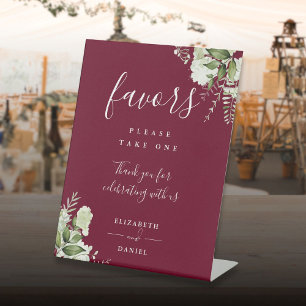 Burgundy Elegant Floral Greenery Favors Pedestal Sign