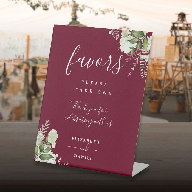 Burgundy Elegant Floral Greenery Favors  Pedestal Sign (Burgundy Elegant Floral Greenery Favors Pedestal Sign)