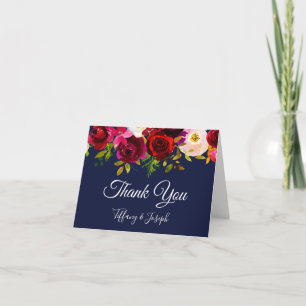 Burgundy Elegant Floral Navy Wedding Thank You Card