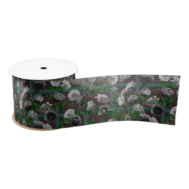 Burgundy Elegant Floral Roses Satin Ribbon (Spool)